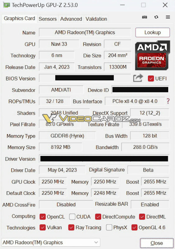 AMD RADEON RX 7600 GPUZ SPEC 1
