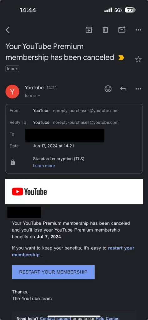 YouTube Premium Subscription cancelled